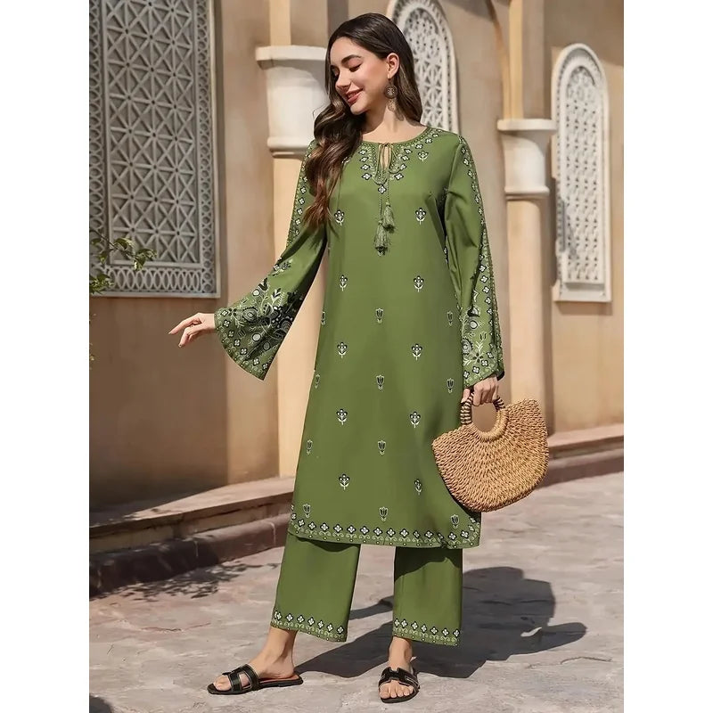 2pcs Boho Chic Salwar Suit Ethnic Print Lightweight Non-See-Through Ramadan Fashion with Flared Cuffs & Hem for Women Outdoor Ev