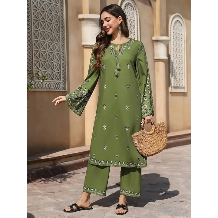 2pcs Boho Chic Salwar Suit Ethnic Print Lightweight Non-See-Through Ramadan Fashion with Flared Cuffs & Hem for Women Outdoor Ev