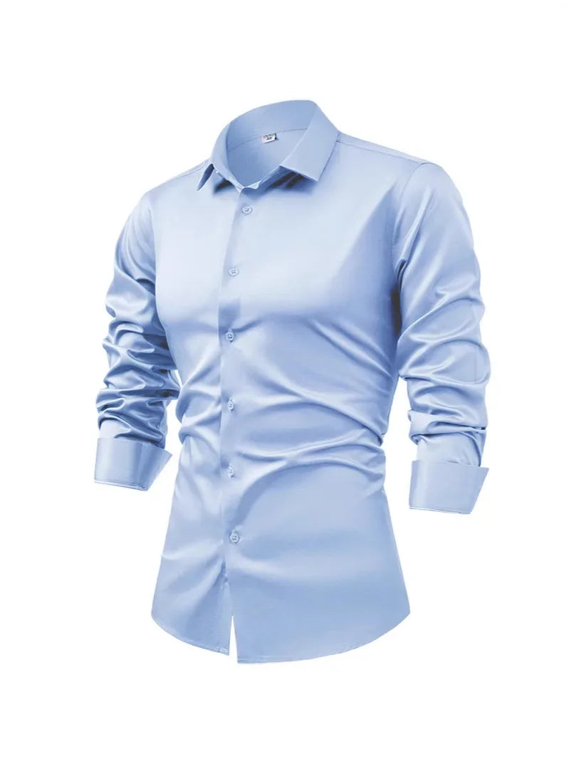High-end Satin Shirts for Men Fashion Long Sleeved Solid Dress Shirts Men's Business Social Non-ironing Wrinkle-resistant Shirts
