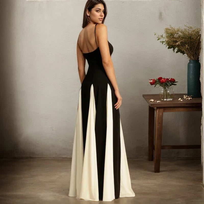 Women Evening Dress Fashion Elegant Royal Sister Slim Black And White Contrast Color Strap Dress Sexy V-Neck High Waist Dresses