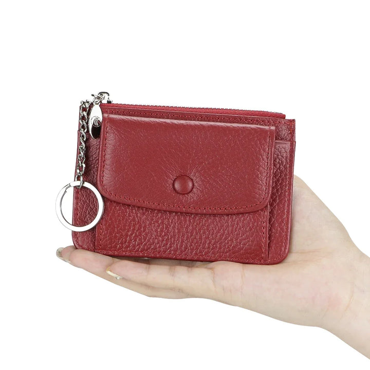 محفظة جلدية نسائية للبطاقات والعملات المعدنية مع سلسلة مفاتيح