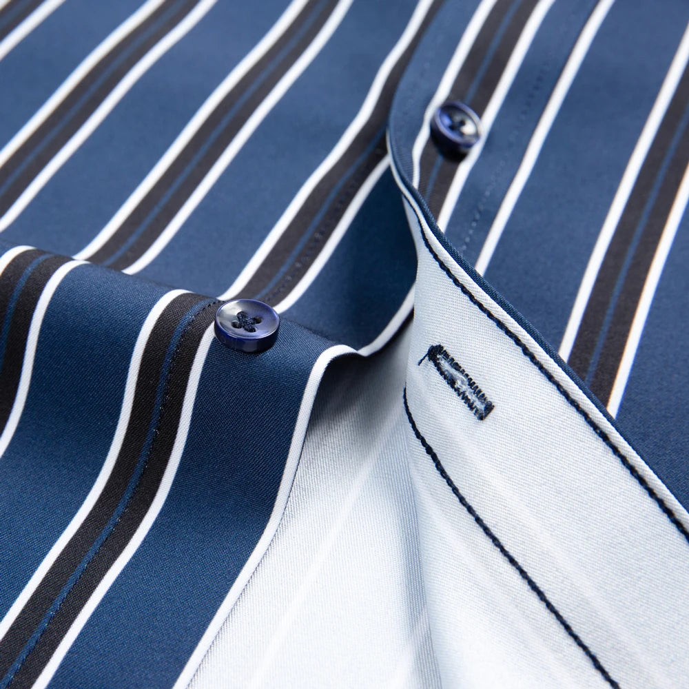 Men's Elegant  Striped Iron-Free Long Sleeve Dress Shirts - Breathable, Stretchy Casual Button Up Shirt For Formal Occasions