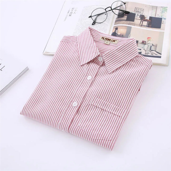 White Blue Pink Striped Shirt Women 2024 Spring New Simple Casual Long Sleeves Blouses and Tops Office Fashion Ladies Clothes