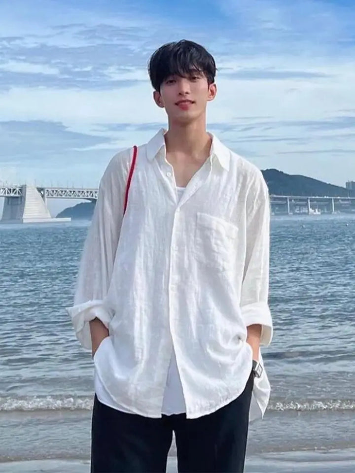 Men's Shirt Premium Thin White Loose Breathable Shirt Loose Long Sleeve Sun Protection Tees Lightweight Vacation Pockets Shirts