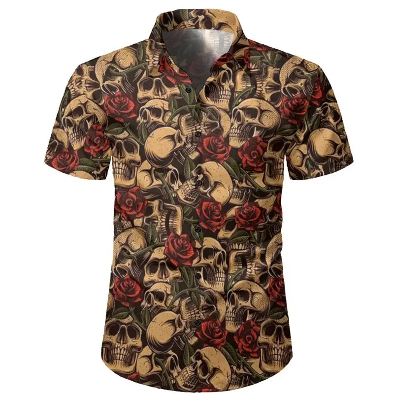 Men's Skull Shirts Casual Short Sleeve Shirt For Men Clothing 2024 Summer Men's Clothing Loose Oversized Lapel Shirt Tops Camisa