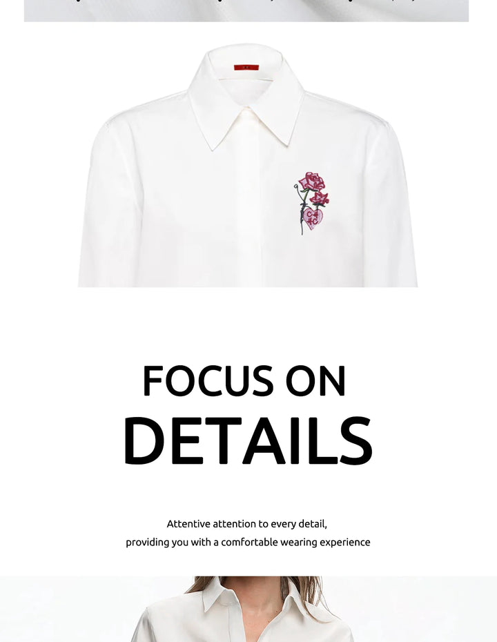 New Women Shirts Casual Long Sleeve Blouse Embroidered Flowers Elegant Lapel Loose Shirt Spring Summer Solid Office Lady Tops