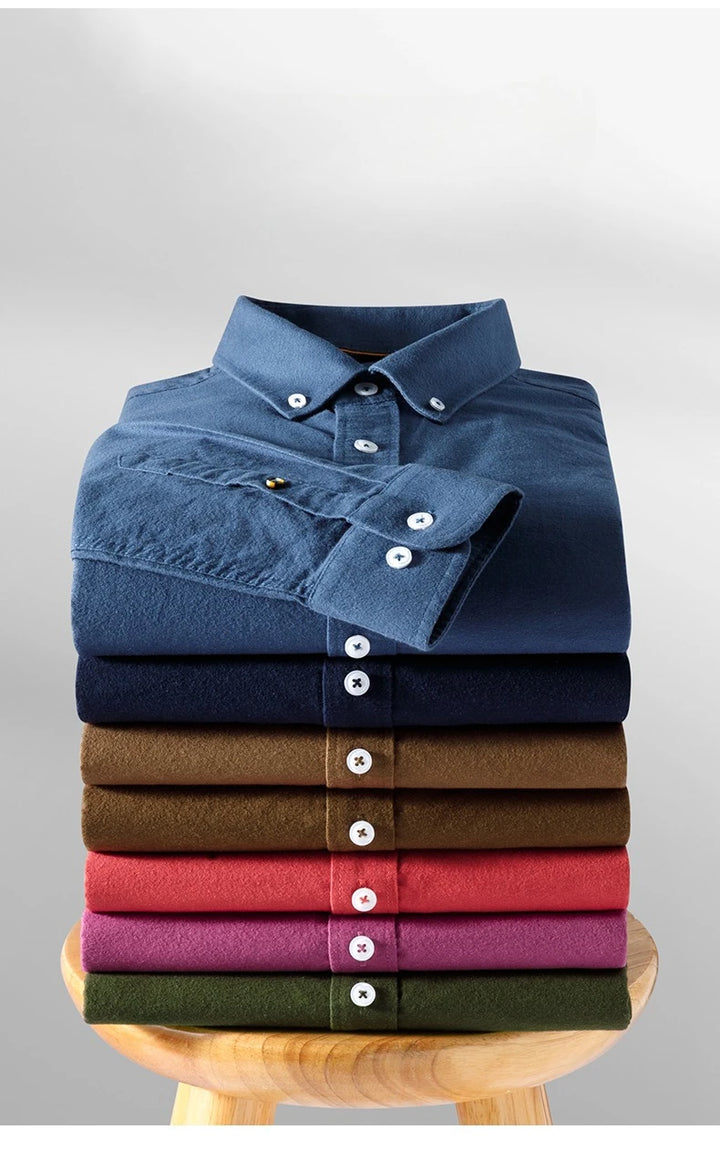 100% Cotton Brushed Long Sleeve Shirts for Men Slim Fit Casual Plain Shirt Solid Color Fashion Korean Popular Tops Red Clothes