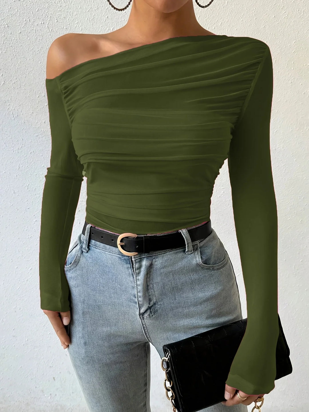 2025 Women’s Off-Shoulder Crop Top – Slim Fit Autumn/Winter Streetwear