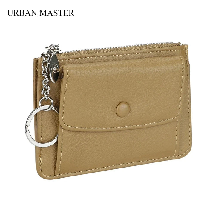 محفظة جلدية نسائية للبطاقات والعملات المعدنية مع سلسلة مفاتيح