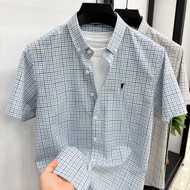 Short Sleeved Shirt for Men in Summer, Thin Design for Men, High-end Checkered Embroidered Shirt, Pure Cotton Top