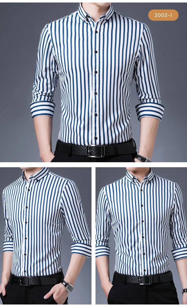 Men's Elegant  Striped Iron-Free Long Sleeve Dress Shirts - Breathable, Stretchy Casual Button Up Shirt For Formal Occasions