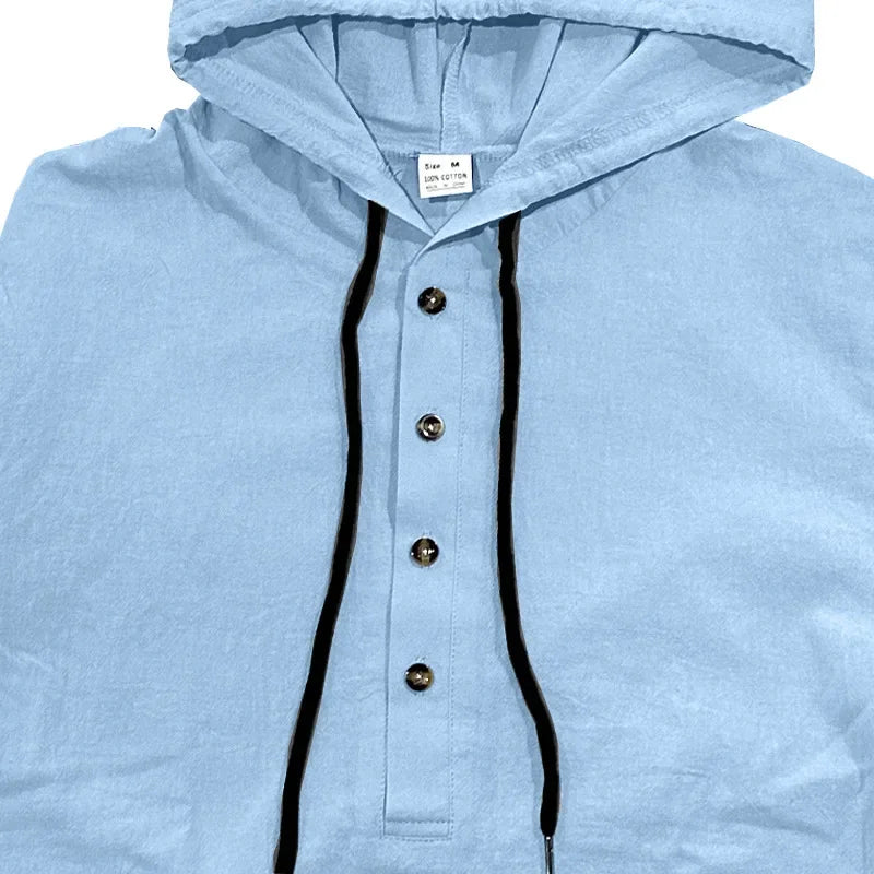 2026 New Men's  T-Shirts Spring Summer Hooded Cotton Linen Tops for Men Soft Loose Henley Shirt Casual Button Long Sleeve Shirts
