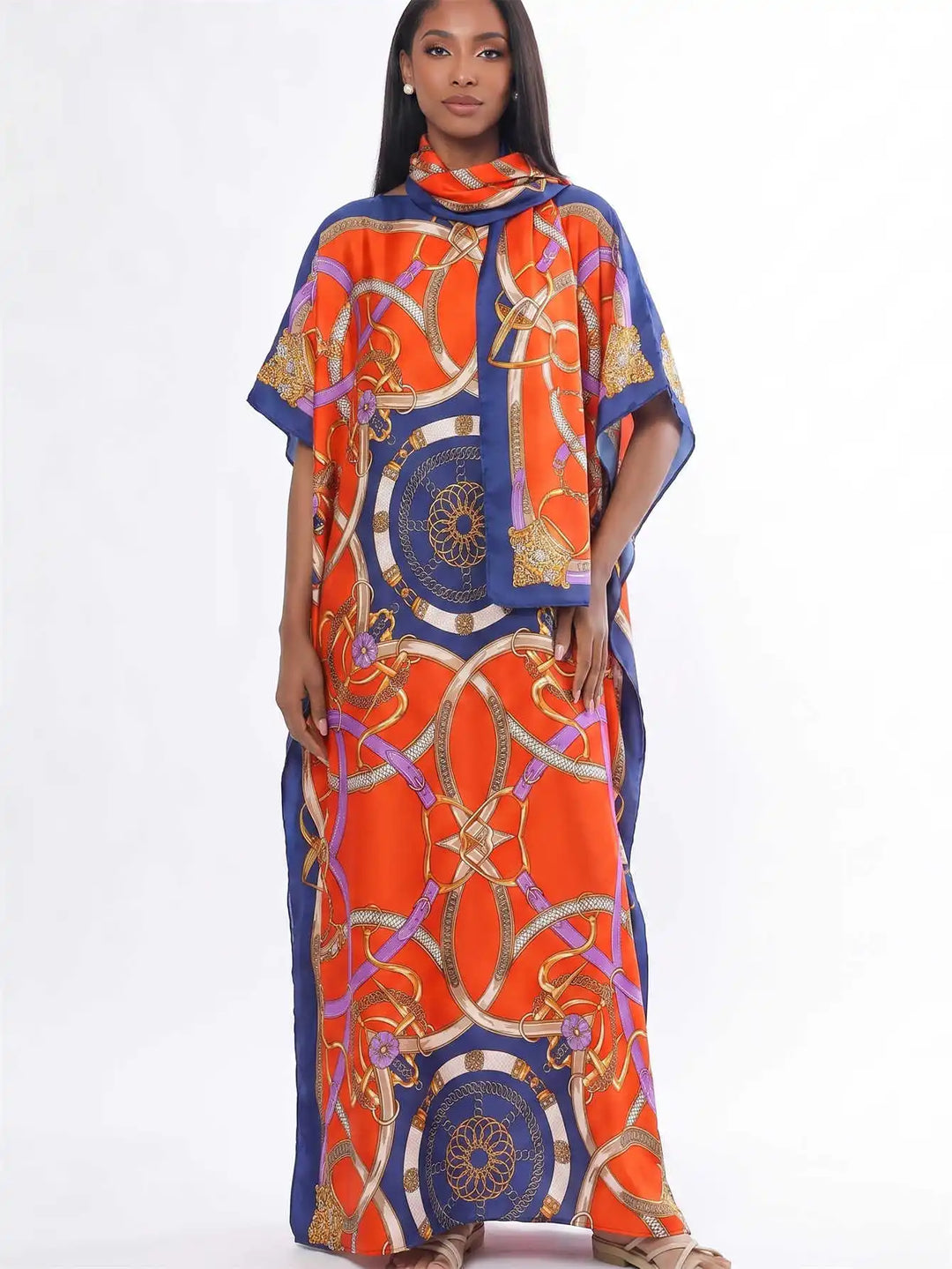 Women Muslim Kaftan Abaya With Matching Hijab Scarf Chain Print Maxi Dress Loose Batwing Sleeve Long Robe Set For Malay