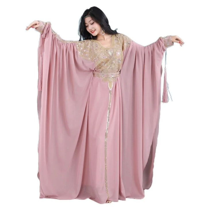 Khaleeji Gulf Dance Costume Women Gold Embroidery Kaftan Robe+Sleeveless Mermaid Slip Dress Belly Dance Performance Outfit