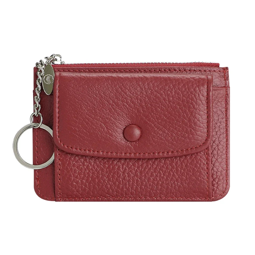 محفظة جلدية نسائية للبطاقات والعملات المعدنية مع سلسلة مفاتيح