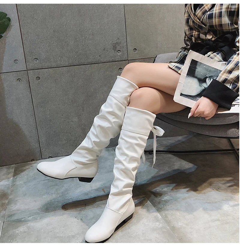 2024 Women’s Knee-High Boots – Pleated Leather, Low Heel, Casual Shoes