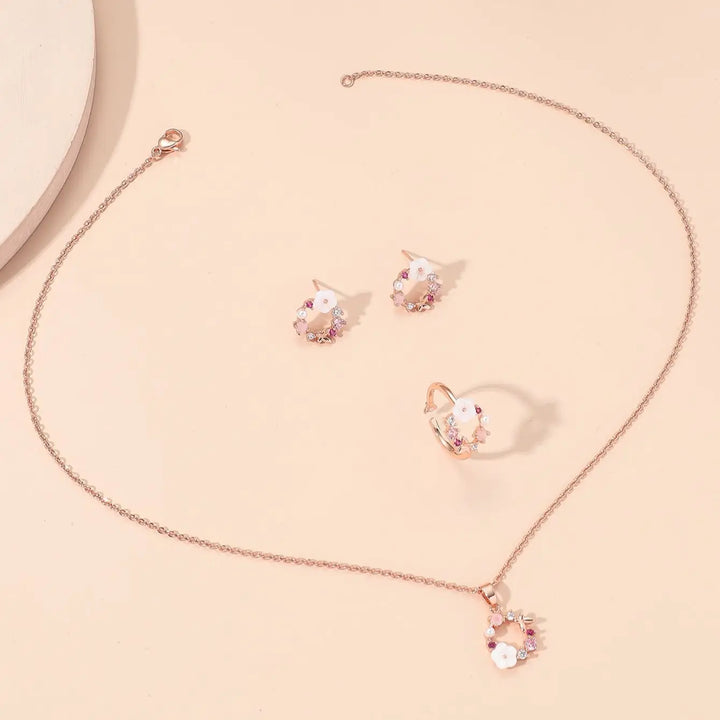 Schmuckset für Damen in Roségold mit Blumenmuster – Halskette, Ring &amp; Ohrringe