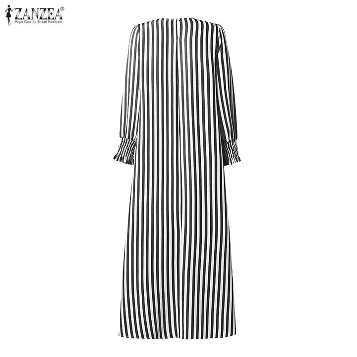 ZANZEA Fashion Muslim Dresses Ramadan Abaya Elegant Women O  Neck Long Sleeve Striped Sundress Casual Kaftan Dubai Robe Femme