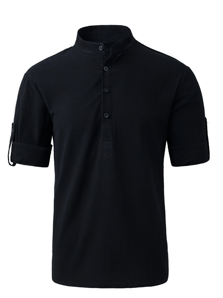 Casual shirts, loose cotton men's shirts, fashionable stand-up collar solid color long-sleeved T-shirts, handsome slim-fit tops
