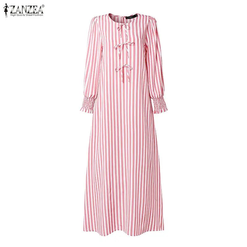 ZANZEA Fashion Muslim Dresses Ramadan Abaya Elegant Women O  Neck Long Sleeve Striped Sundress Casual Kaftan Dubai Robe Femme