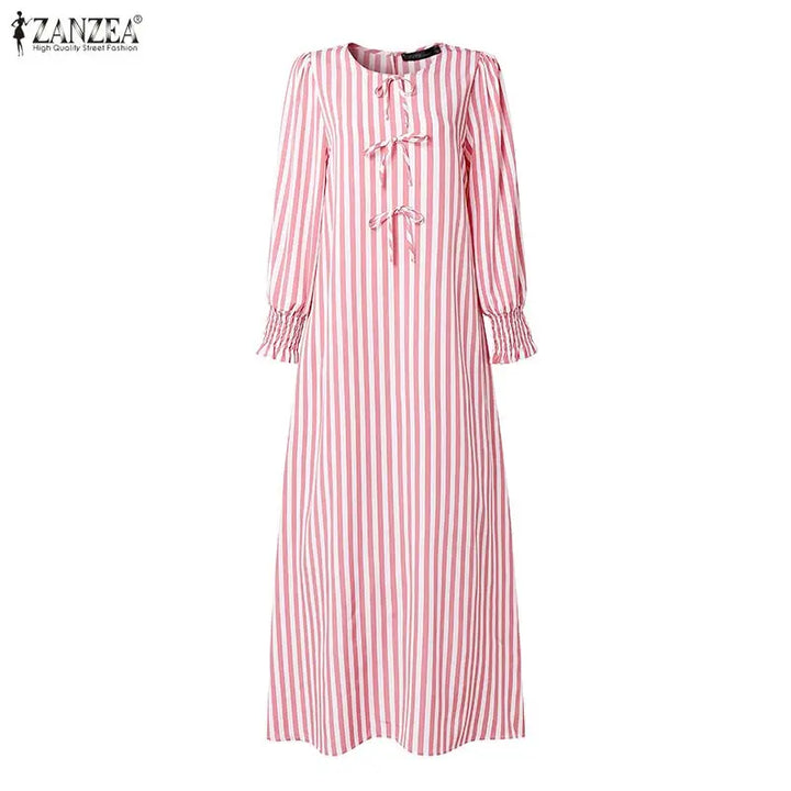ZANZEA Fashion Muslim Dresses Ramadan Abaya Elegant Women O  Neck Long Sleeve Striped Sundress Casual Kaftan Dubai Robe Femme