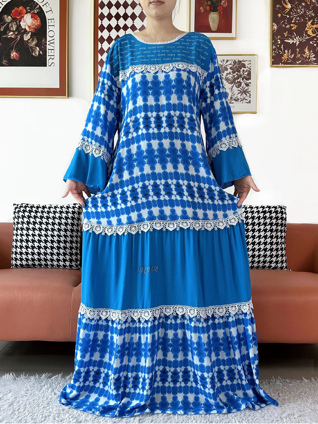 High Quality Women Party Kashkha Abaya Wave Floral Cotton Abaya African Boubou Muslim Loose Kaftan Maxi Dress with Big Shawls