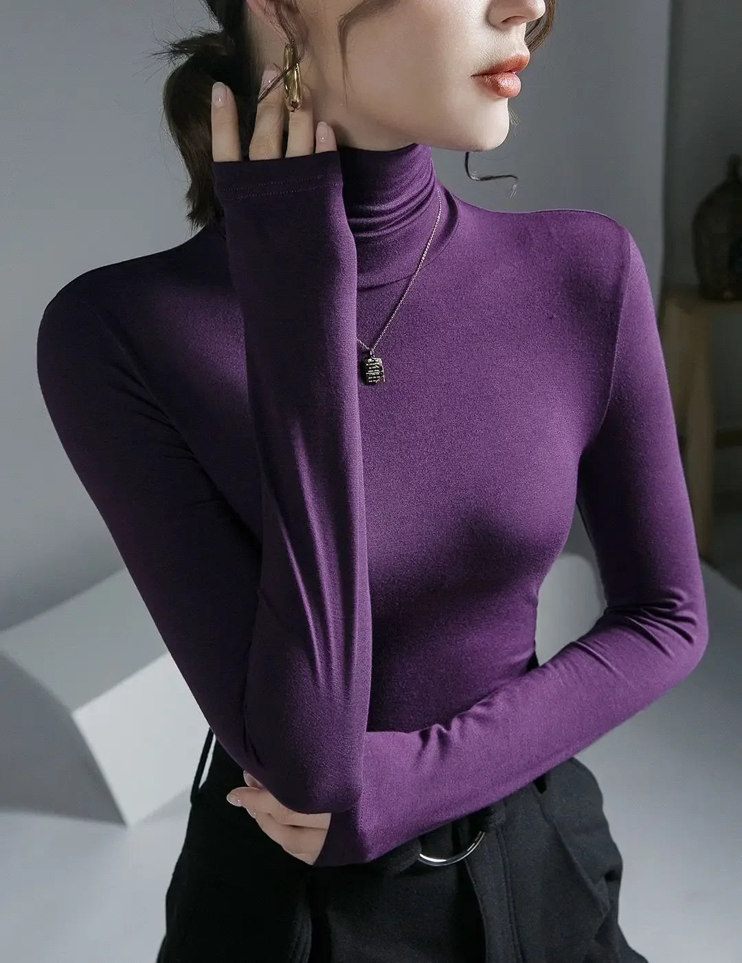 2025 Women’s Turtleneck T-Shirt – Skinny Fit, Black & Purple Grunge Tee