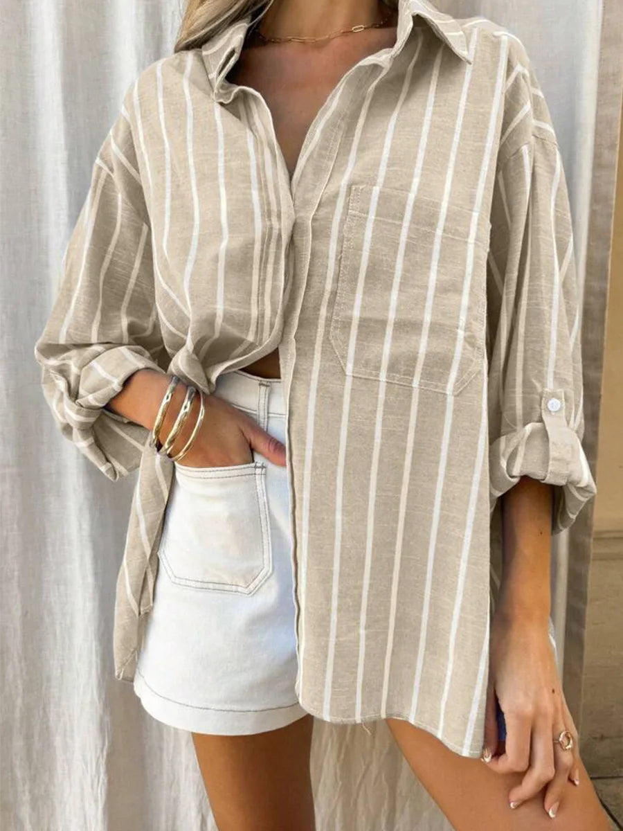 2026 Casual Loose Striped Shirts for Women Spring Summer Fashion Vintage Lapel Long Sleeve Tops Ladies Elegant Versatile Blouses