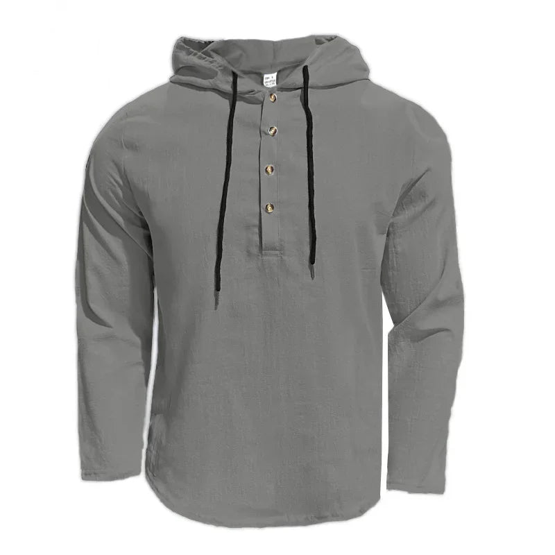 2026 New Men's  T-Shirts Spring Summer Hooded Cotton Linen Tops for Men Soft Loose Henley Shirt Casual Button Long Sleeve Shirts