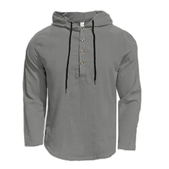 2026 New Men's  T-Shirts Spring Summer Hooded Cotton Linen Tops for Men Soft Loose Henley Shirt Casual Button Long Sleeve Shirts