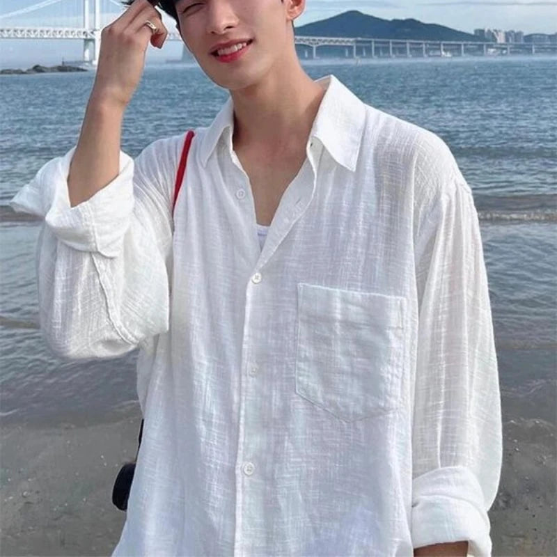 Men's Shirt Premium Thin White Loose Breathable Shirt Loose Long Sleeve Sun Protection Tees Lightweight Vacation Pockets Shirts