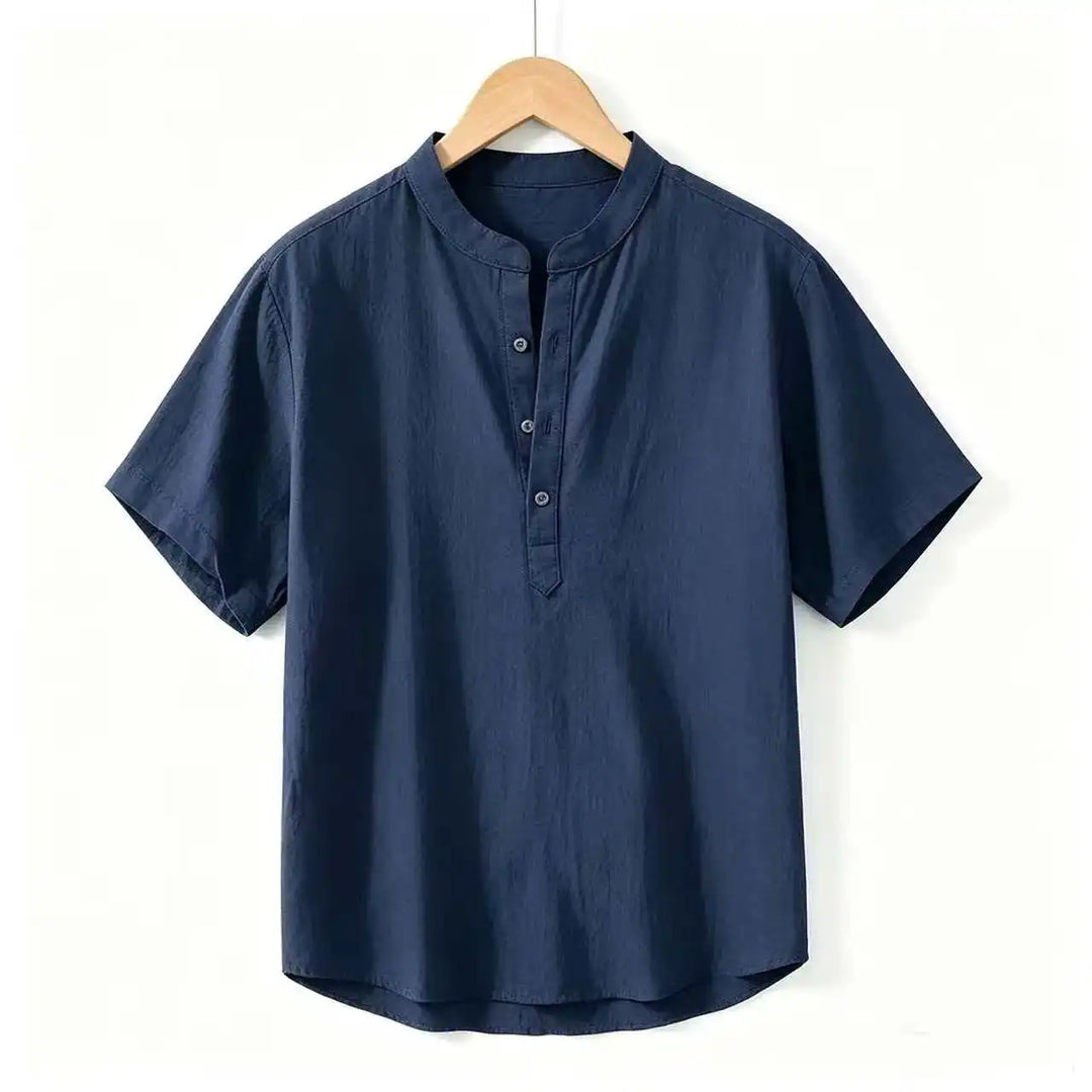 Summer Men's Short Sleeve Shirts Solid Color Stand Up Collar T Shirts Loose Casual Beach Shirt Breathable Male Linen Tops