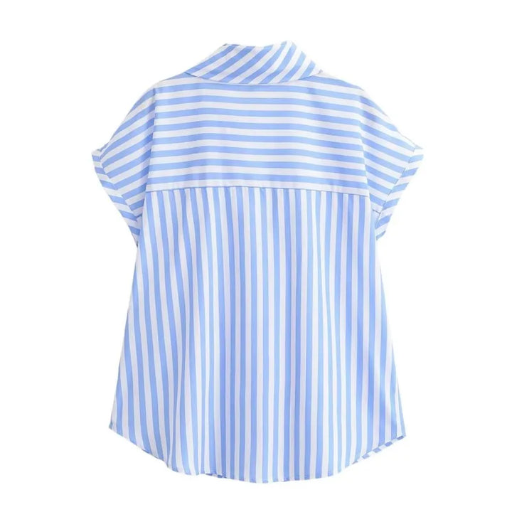 Women's Striped Shirts 2026 Summer Fashion High Neck With Bow Short Sleeve Blouses Casual Female Loose Buttons Tops