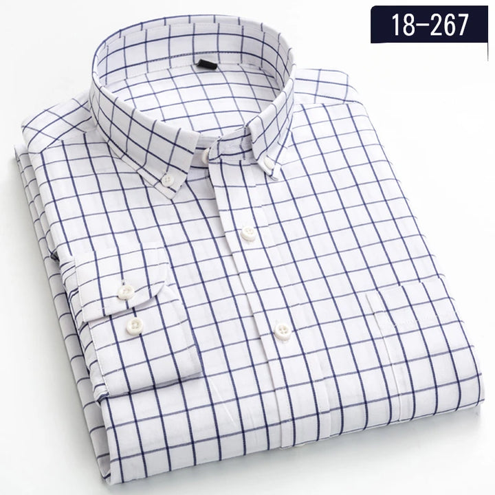 New in Shirt 100% Cotton Long-Sleeve Shirts for Men Slim Fit Plain Shirt Thin Plaid Striped Tops Fashion Elegants Office Clothes