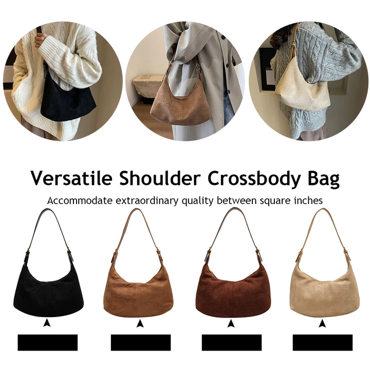 Vintage Women’s Suede Handbag – Designer Crescent Hobo Crossbody Bag
