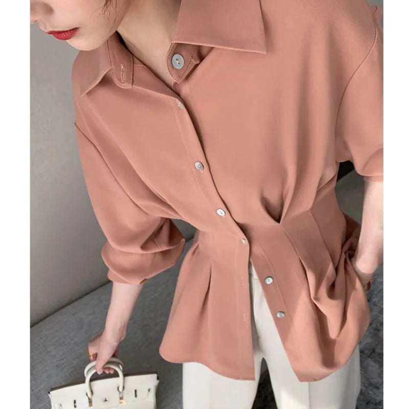 Elegant Women Shirts Woman Waist Long Sleeve Lapel Single Breasted Sashe Shirt Office Lady Business Pleated Ruched Blouses Tops