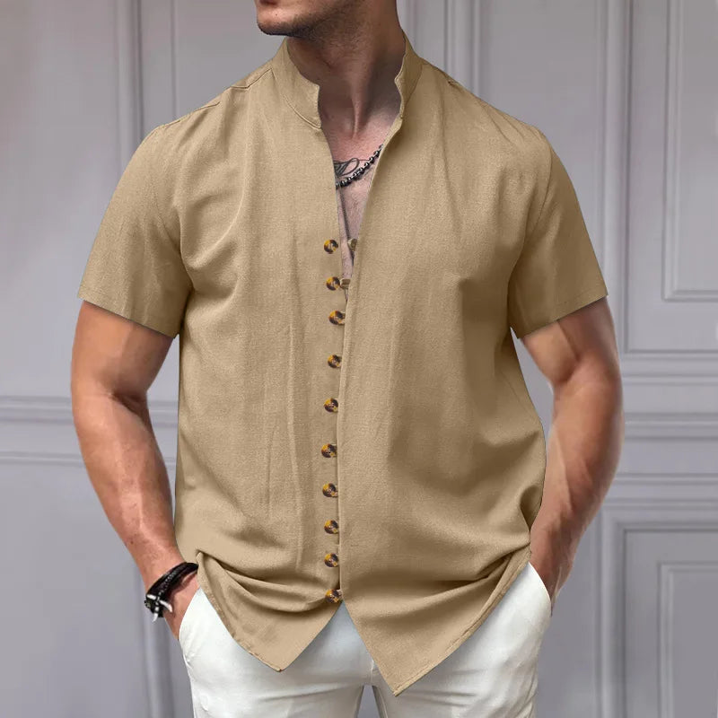 Summer New Short Sleeve Shirts for Men Fashion Solid Casual Linen Tops Breathable Stand Collar Loose Beach Blouses Men Clothing