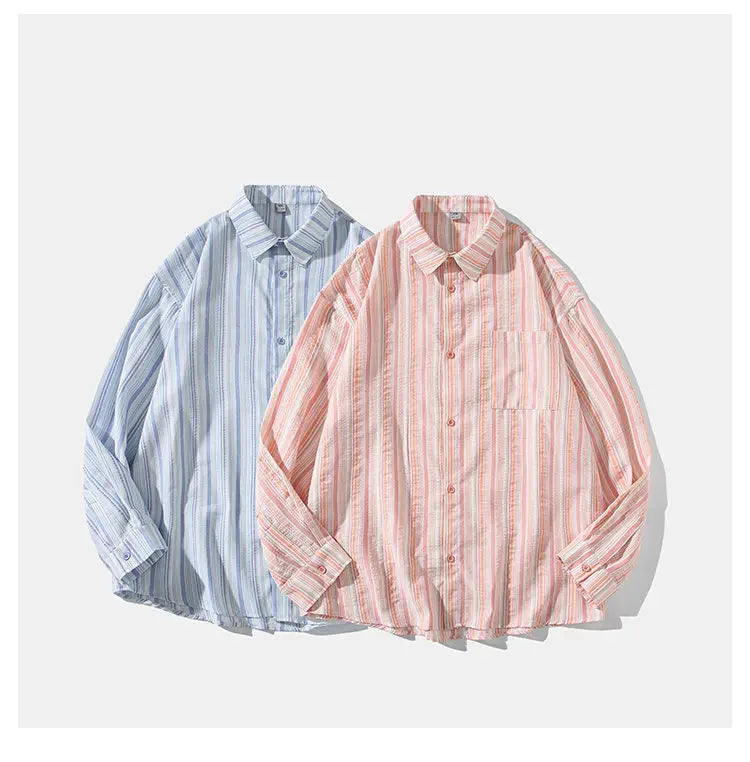 Striped Long Sleeve Button-Down Shirt Trendy Fall Fashion for Men & Women Casual Office Wear Lapel Collar Stylish Top