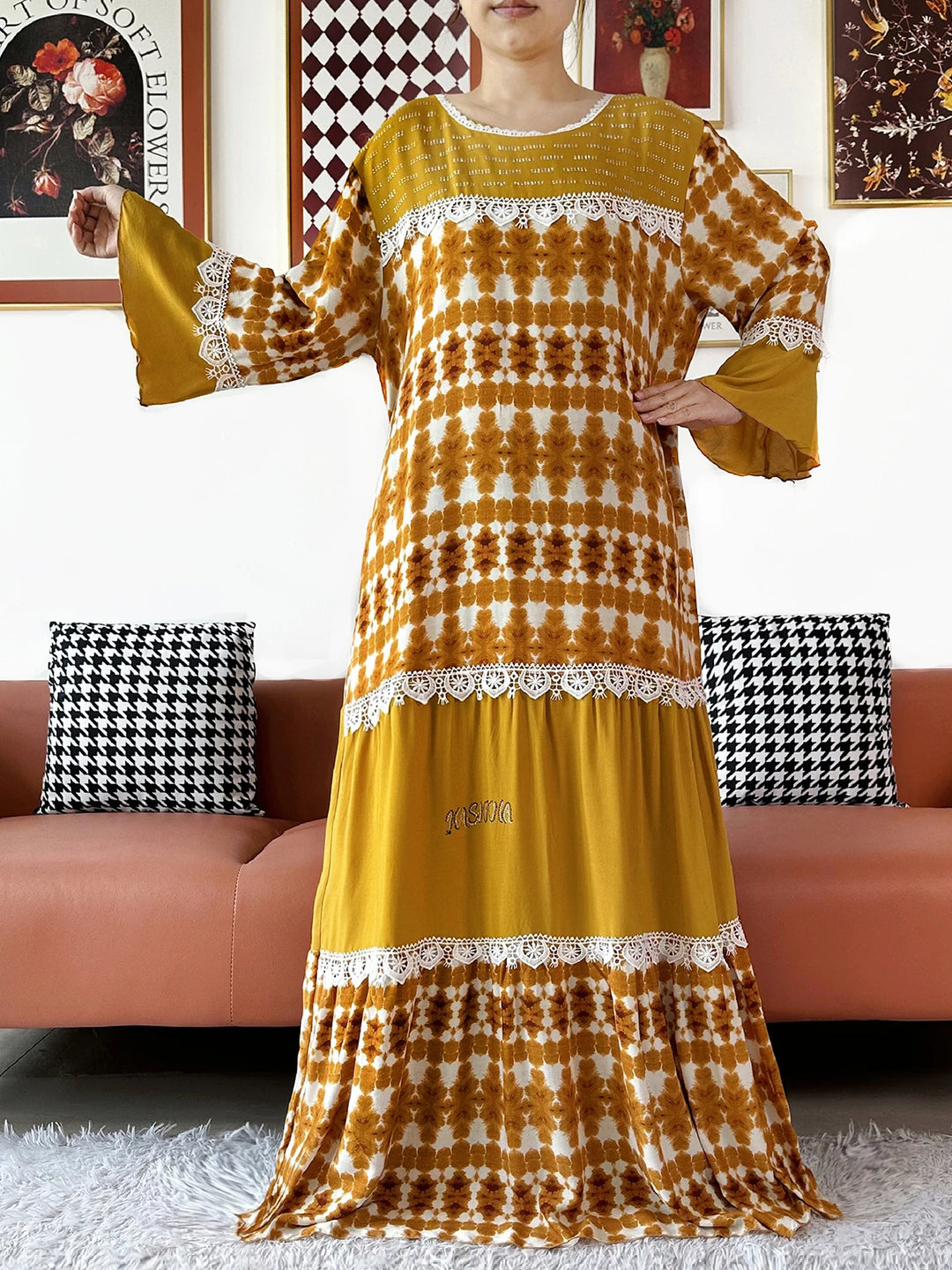High Quality Women Party Kashkha Abaya Wave Floral Cotton Abaya African Boubou Muslim Loose Kaftan Maxi Dress with Big Shawls