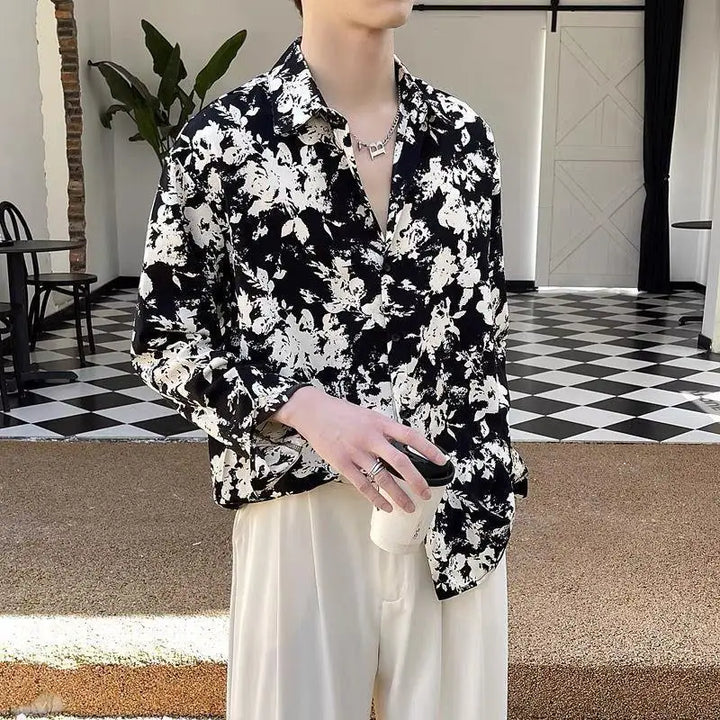 Men's Floral Shirt Men's Style New Long-sleeved Spring Autumn High-end Ice Silk Casual Loose