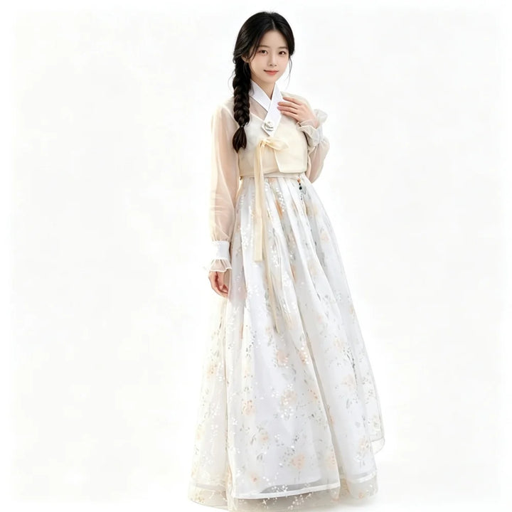 Elegant Women Hanbok Set Sheer Long Sleeve Floral Tulle Skirt Korean Traditional Dress Party Dance Photo Clothes