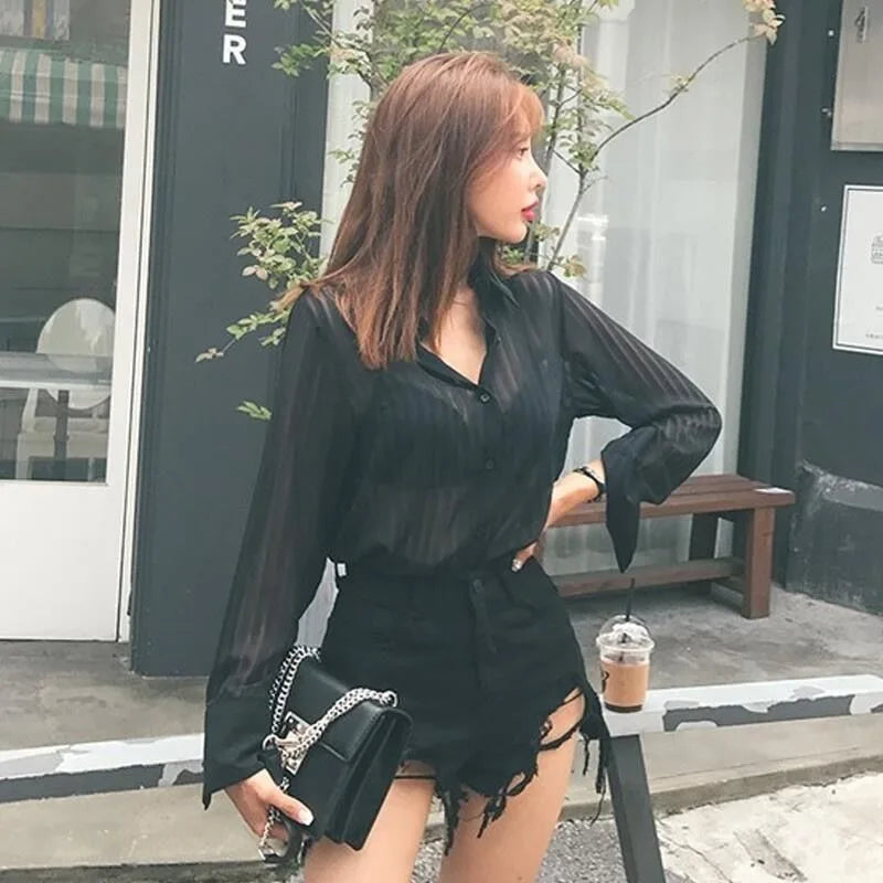 See Through Black Striped Shirts Women  Spring Summer Casual Long Sleeve Y2k Blusas Sexy Ladies White Chiffon Tops and Blouses