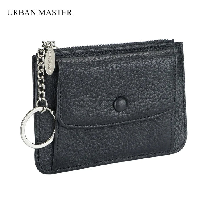 محفظة جلدية نسائية للبطاقات والعملات المعدنية مع سلسلة مفاتيح