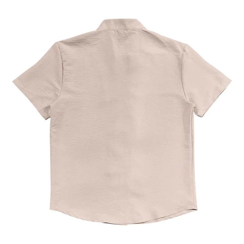 Summer New Short Sleeve Shirts for Men Fashion Solid Casual Linen Tops Breathable Stand Collar Loose Beach Blouses Men Clothing
