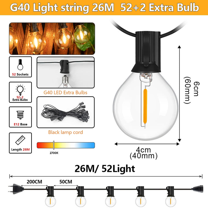 LumiGlow™ G40 LED Patio String Lights – 30M