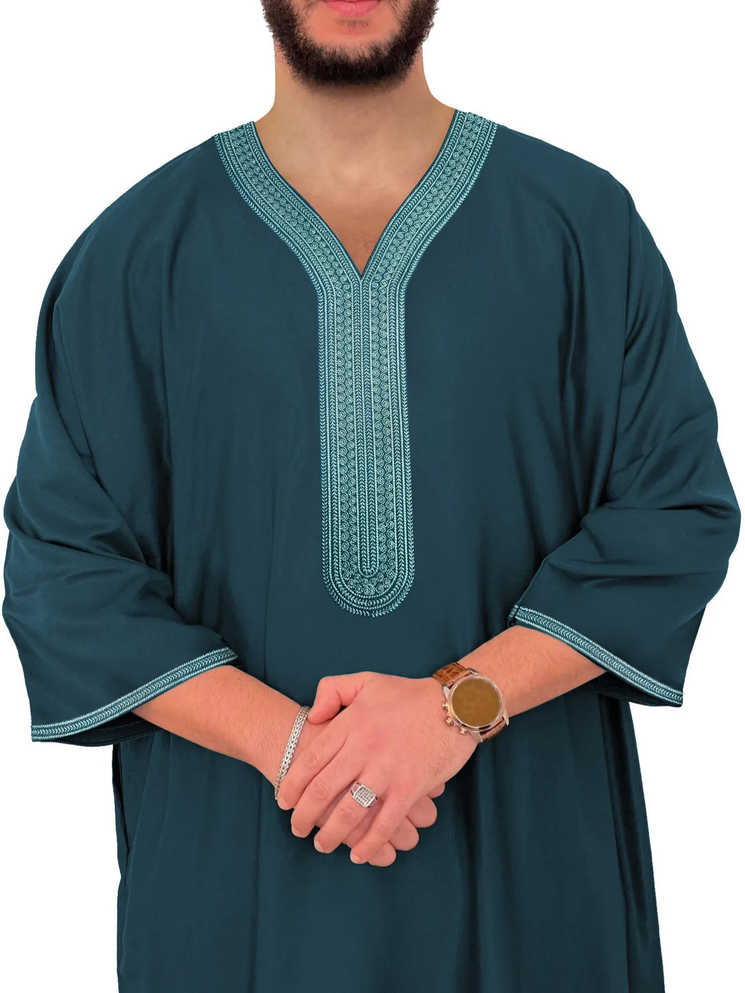 Middle East Kaftan Men's Muslim Fashion Abayas Short Sleeve Casual Robe Breathable Ethnic Style Embroidered Men Moroccan Thobe