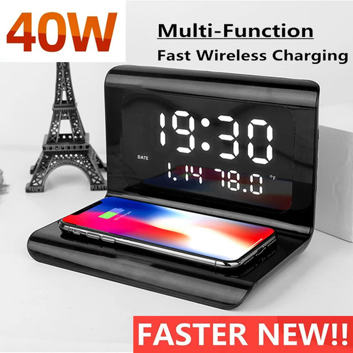 3-in-1 40W Wireless Charger with LED Clock