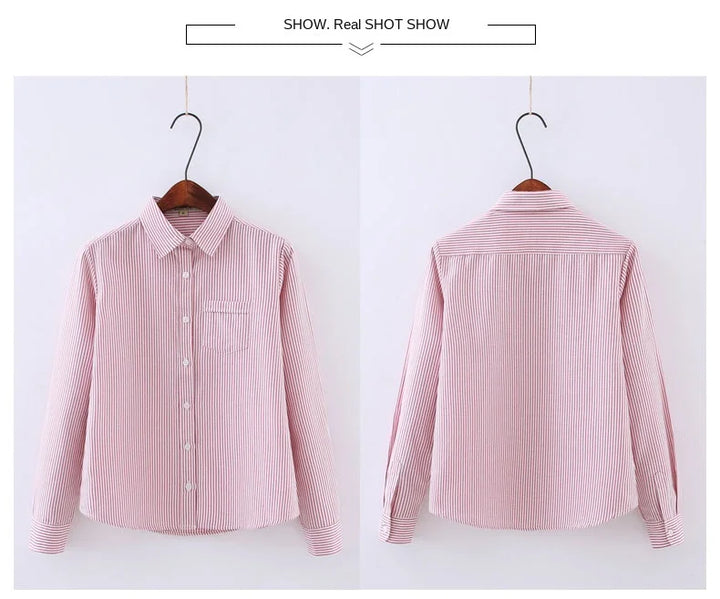 White Blue Pink Striped Shirt Women 2024 Spring New Simple Casual Long Sleeves Blouses and Tops Office Fashion Ladies Clothes