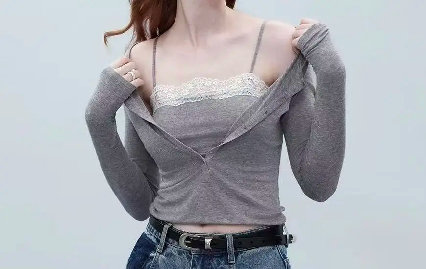 High Strecth T-shirts for Women Long-sleeved Lace Cardigan with Suspenders