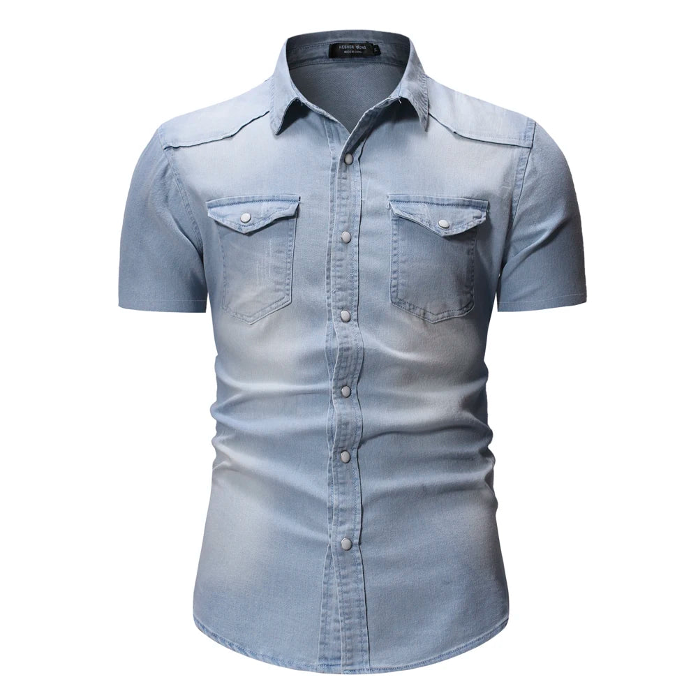 Men Denim Shirts Tops Shirt Short Sleeve Button Turn Down Collar Single Breasted Slim Fit Solid Simple Casual Splice Top 2024